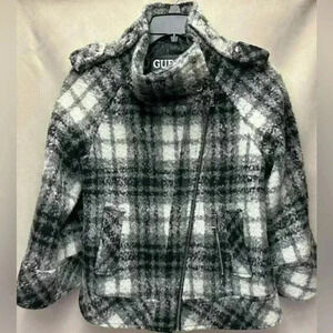 Guess Black & White Plaid 3/4 Wide Sleeve Moto Jacket Size Medium